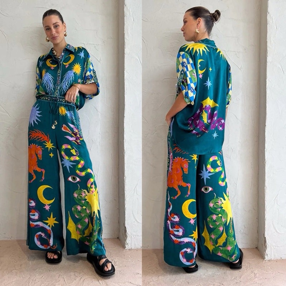 Printed Wide-Leg Jumpsuit in Teal with Celestial Motif